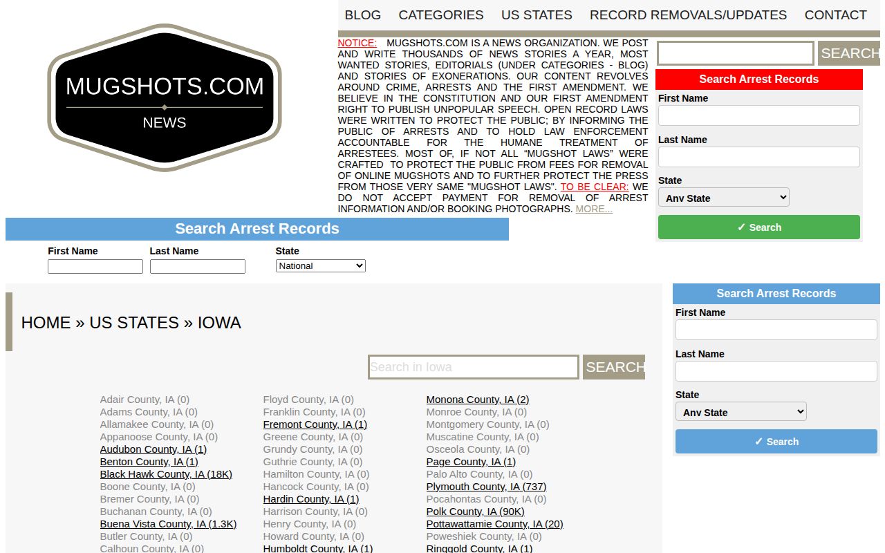 Mugshots.com Iowa index showing the Decatur County category