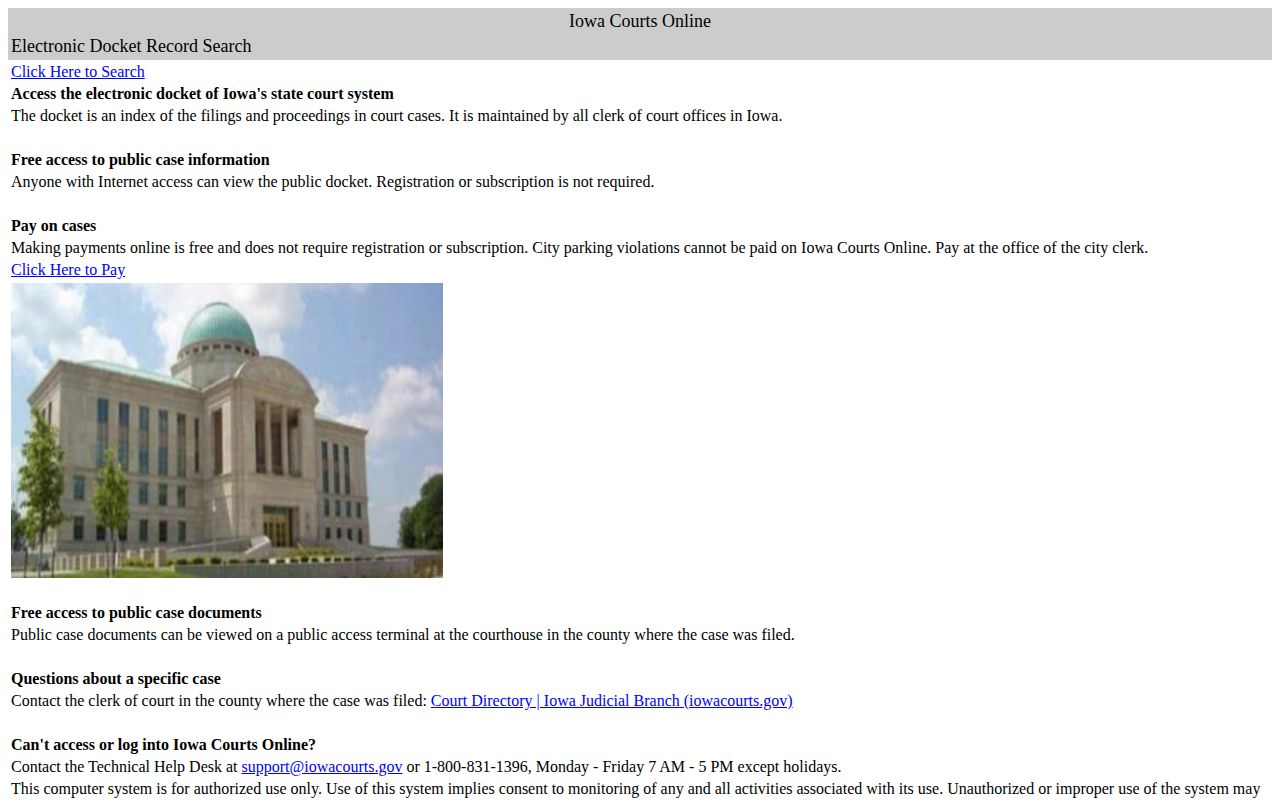Iowa Courts Online public case search landing page