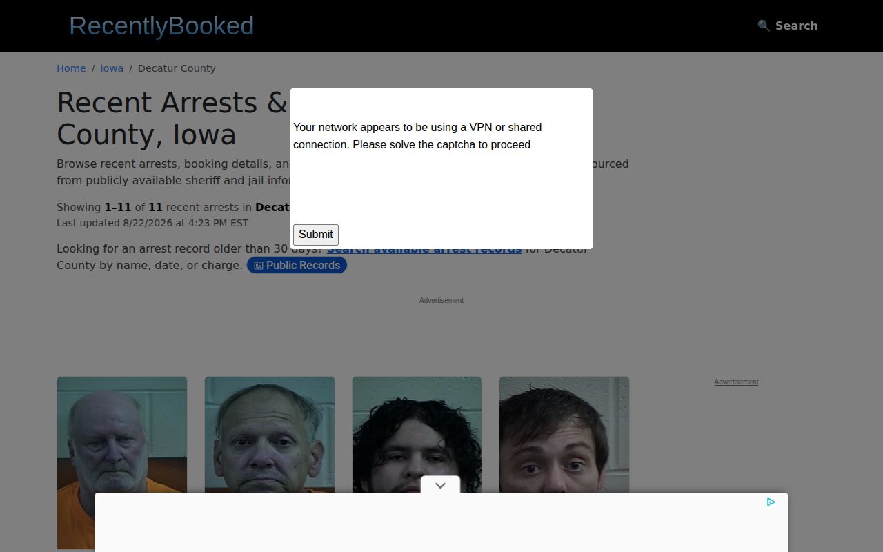 Recently Booked Decatur County page shown as an unofficial source